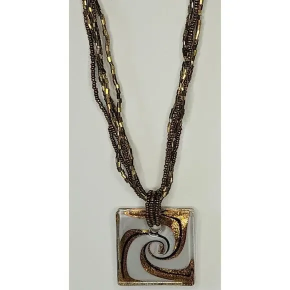 Art Glass Pendant on Multi Strand Shiny Seed Bead Necklace Bronze Gold Colors - Picture 2 of 3
